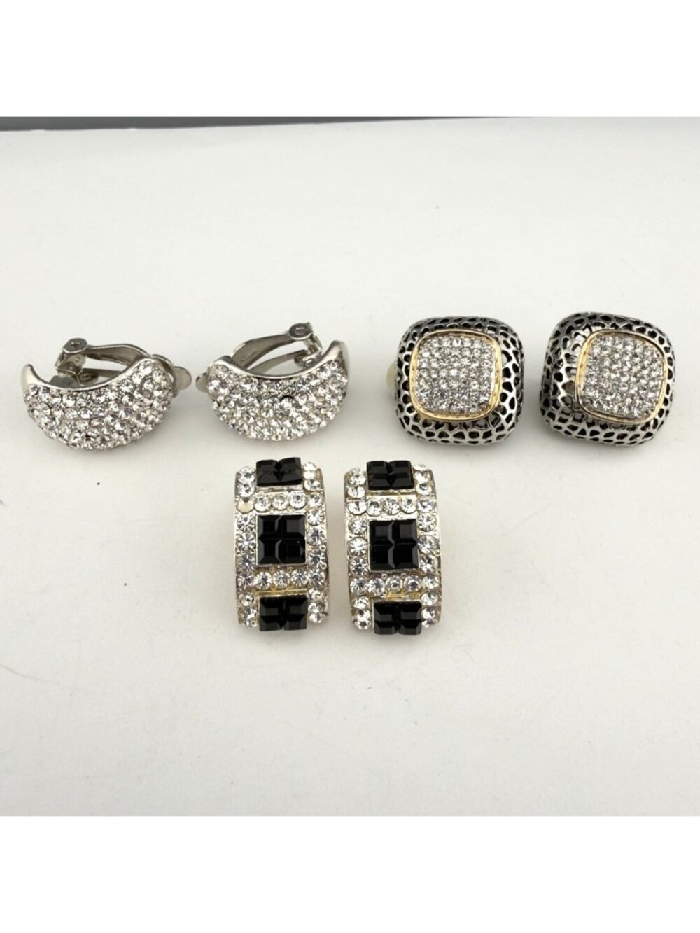 Set Of 3 Rhinestone Clip-On Earrings With Silver Black Accents